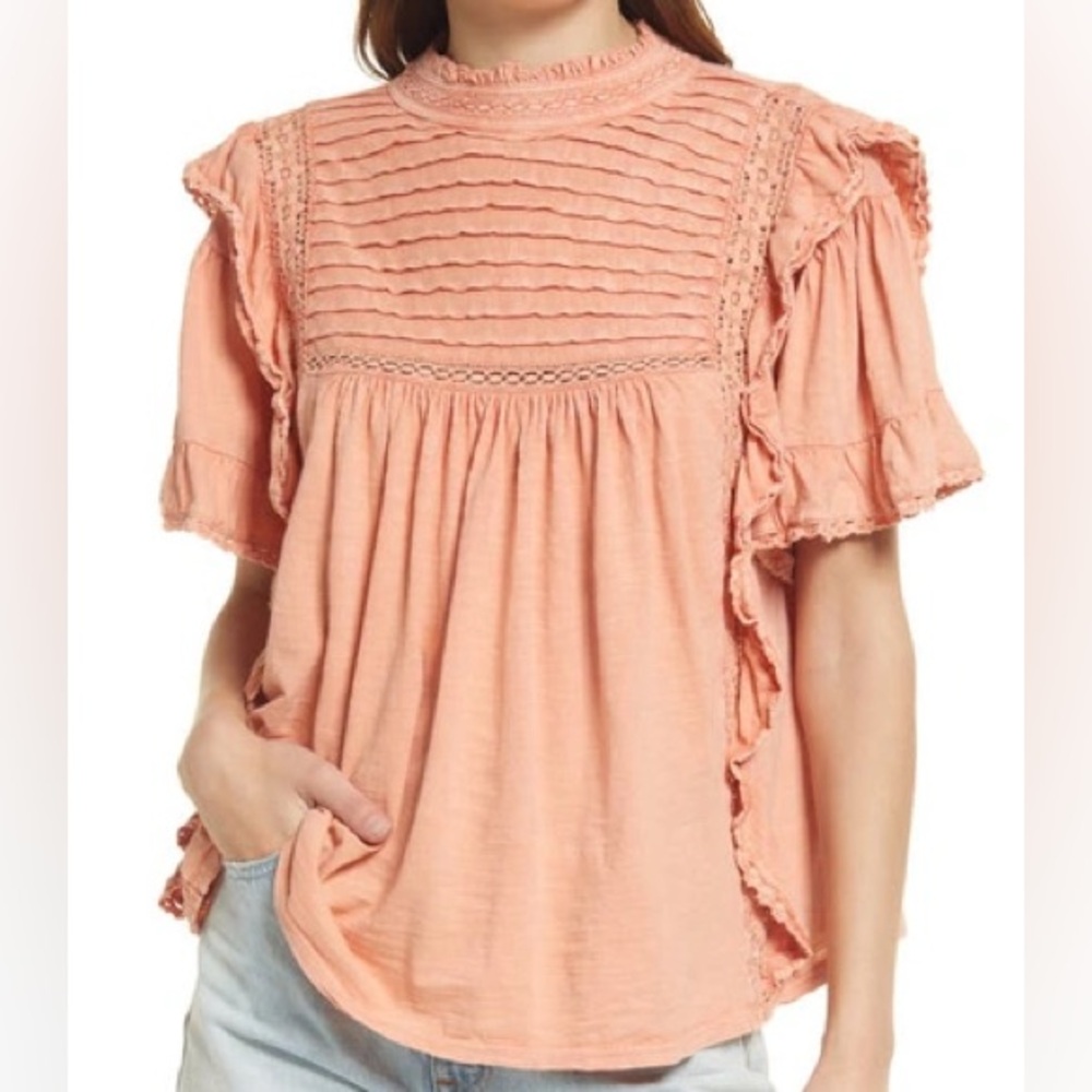 NWT Free People Le Femme Embroidered Top Women’s Medium Winter Coral Coquette